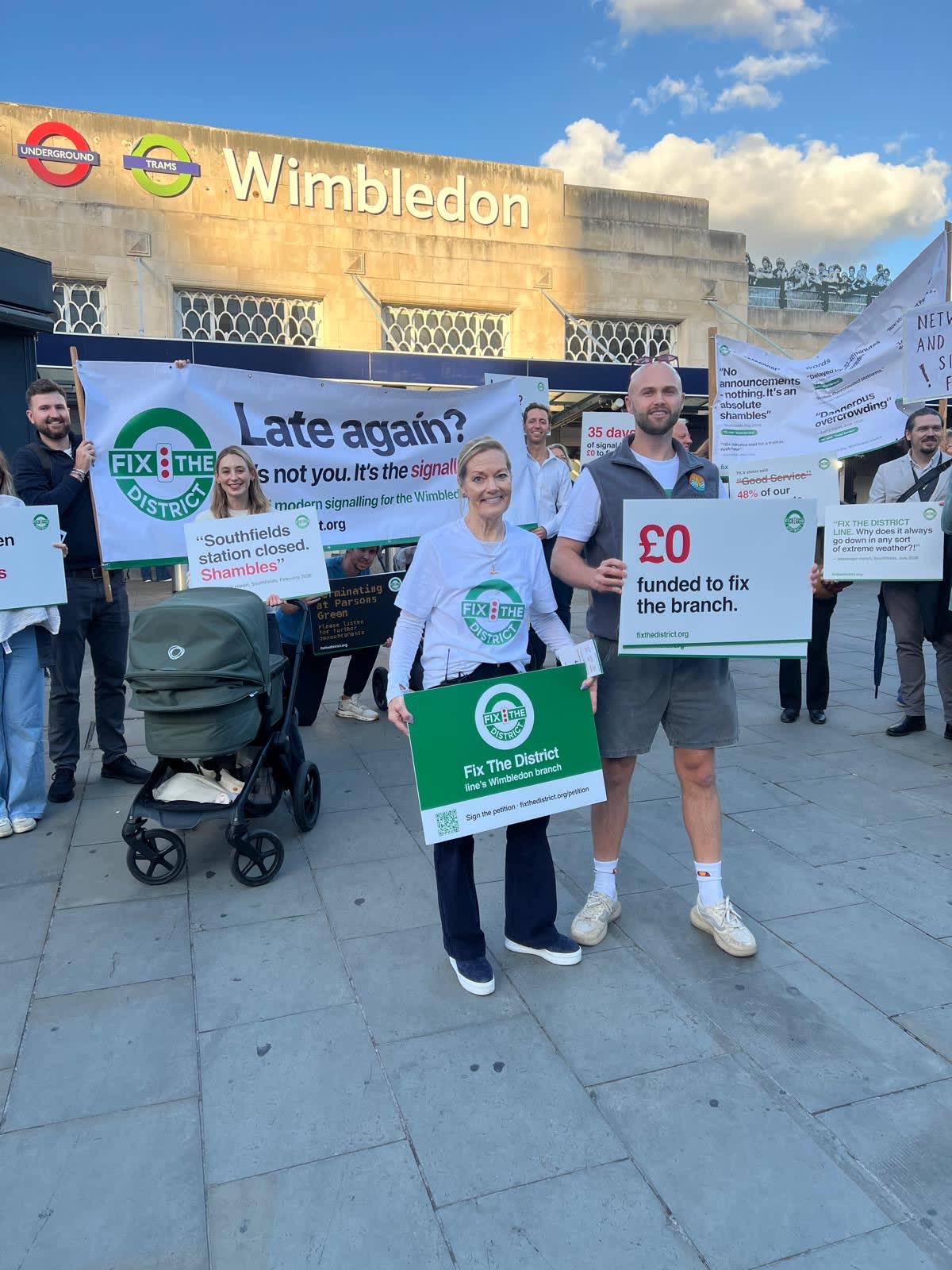 The demonstration outside Wimbledon station, seen from the front of the group.